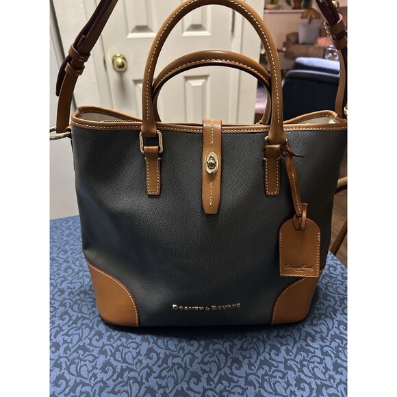 Dooney & Bourke Handbags - Dooney & Bourke Shelby Shopper Tote Gray Tan Leather Shoulder Bag Satchel Purse